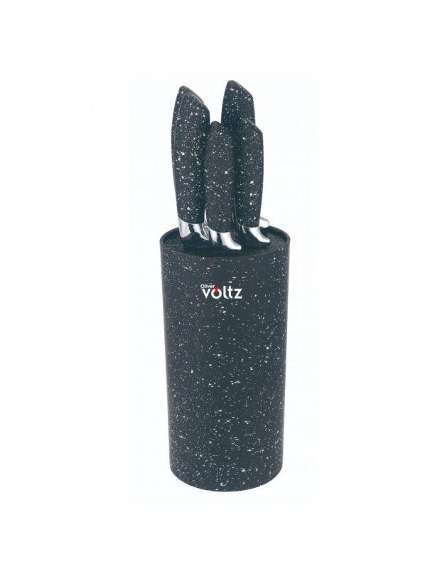 Комплект ножове Voltz OV51633G5, 5броя, Мраморно покритие, с поставка, Черен мрамор